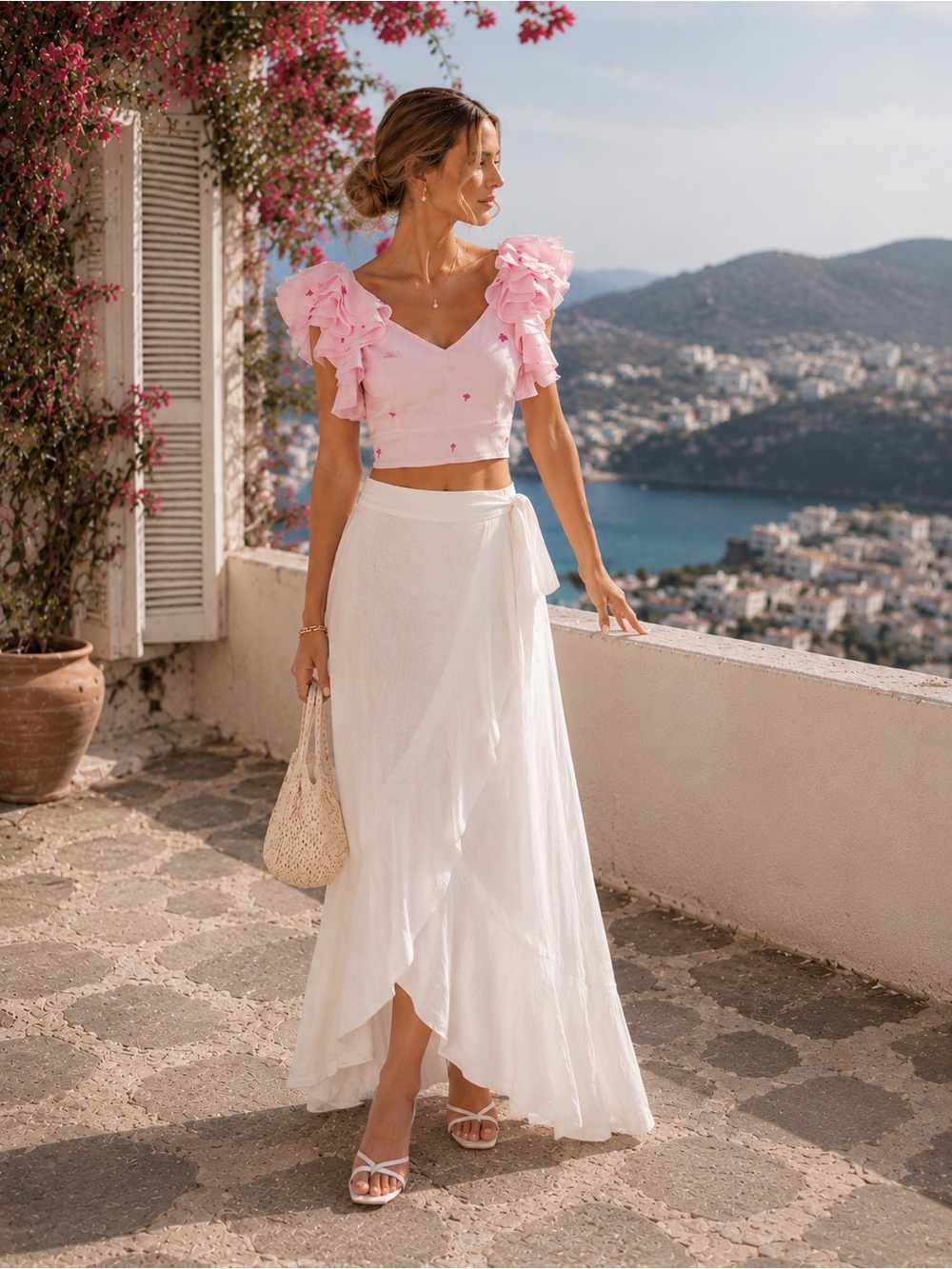 NWT FANM MON Anais Linen Ruffle Embroidered Crop Top in Light pink Size S